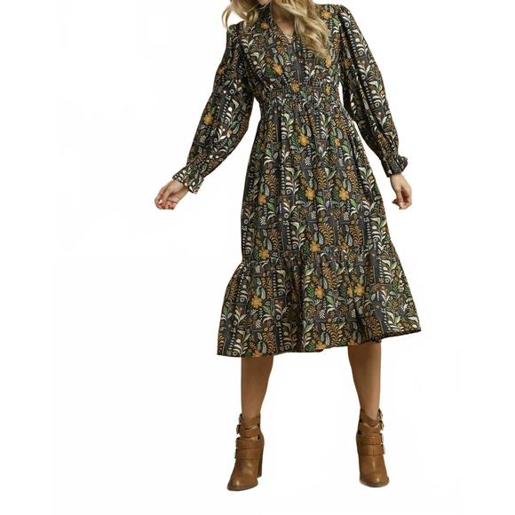 NEW UMGEE floral midi dress with smocked waist in black mix - Picture 3 of 5